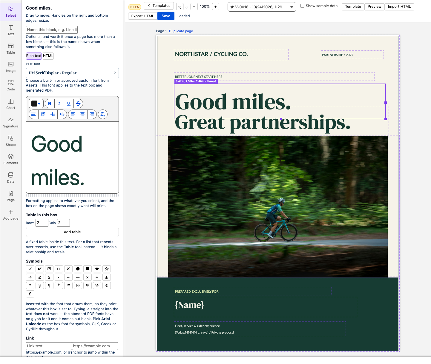 The actual Portwood Canvas editor with a Northstar cover, custom fonts, photography and account merge fields