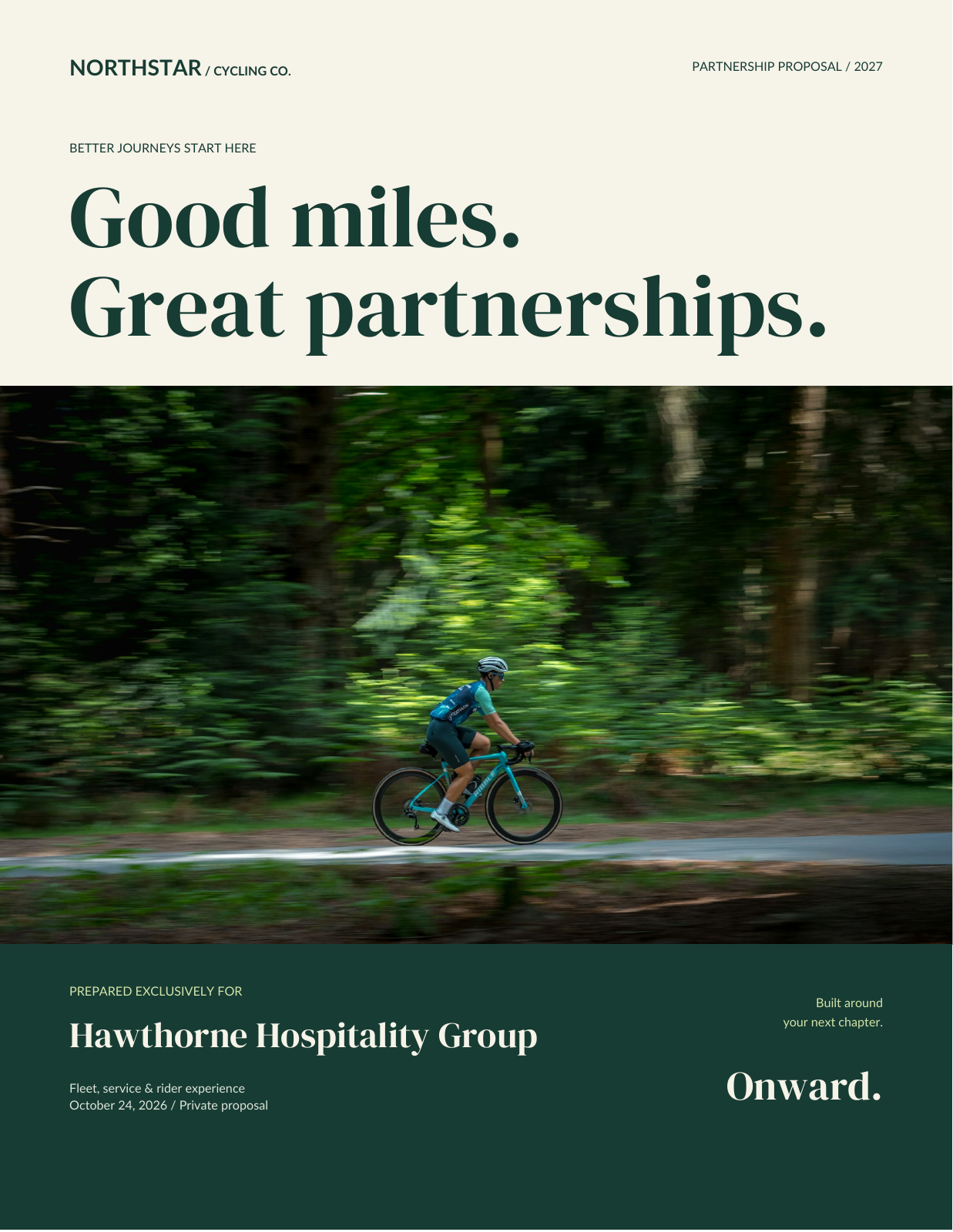 Northstar partnership proposal: custom serif typography, cycling photograph and a personalized cover