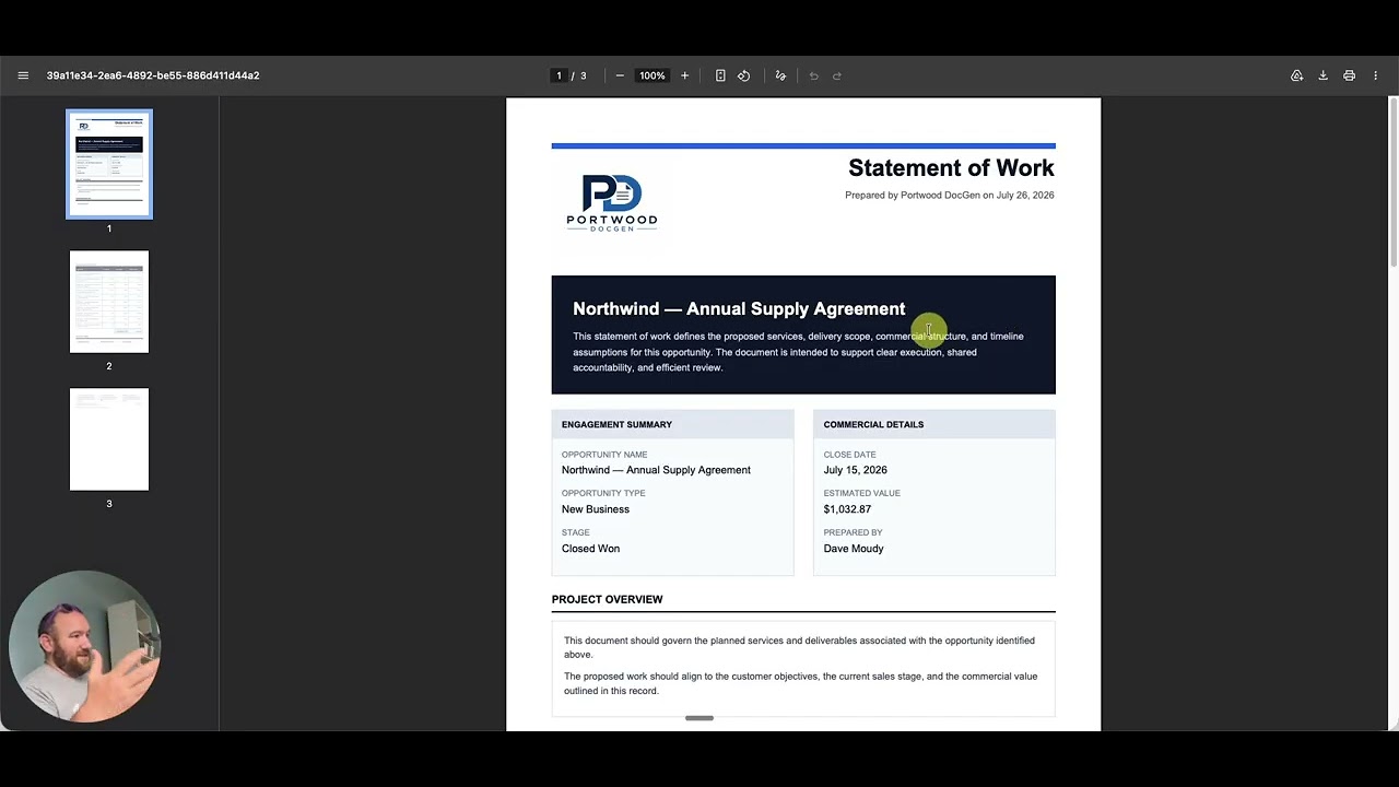 Screen recording still: a three-page Statement of Work PDF for Northwind - Annual Supply Agreement, generated by DocGen and open in a PDF viewer.