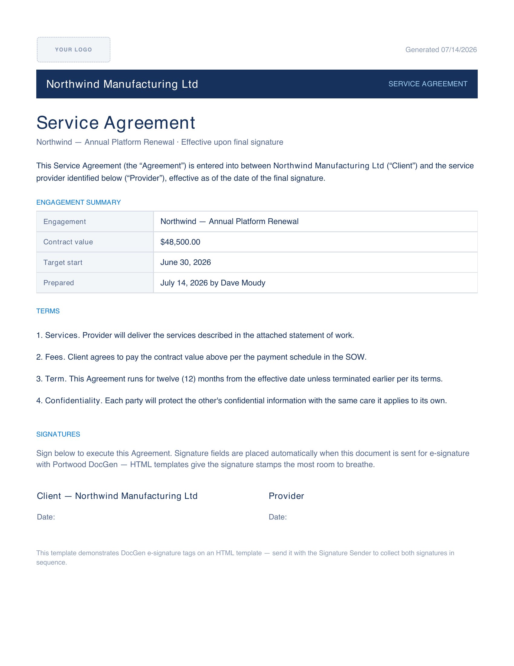 Generated output preview — Service Agreement (HTML, e-sign)