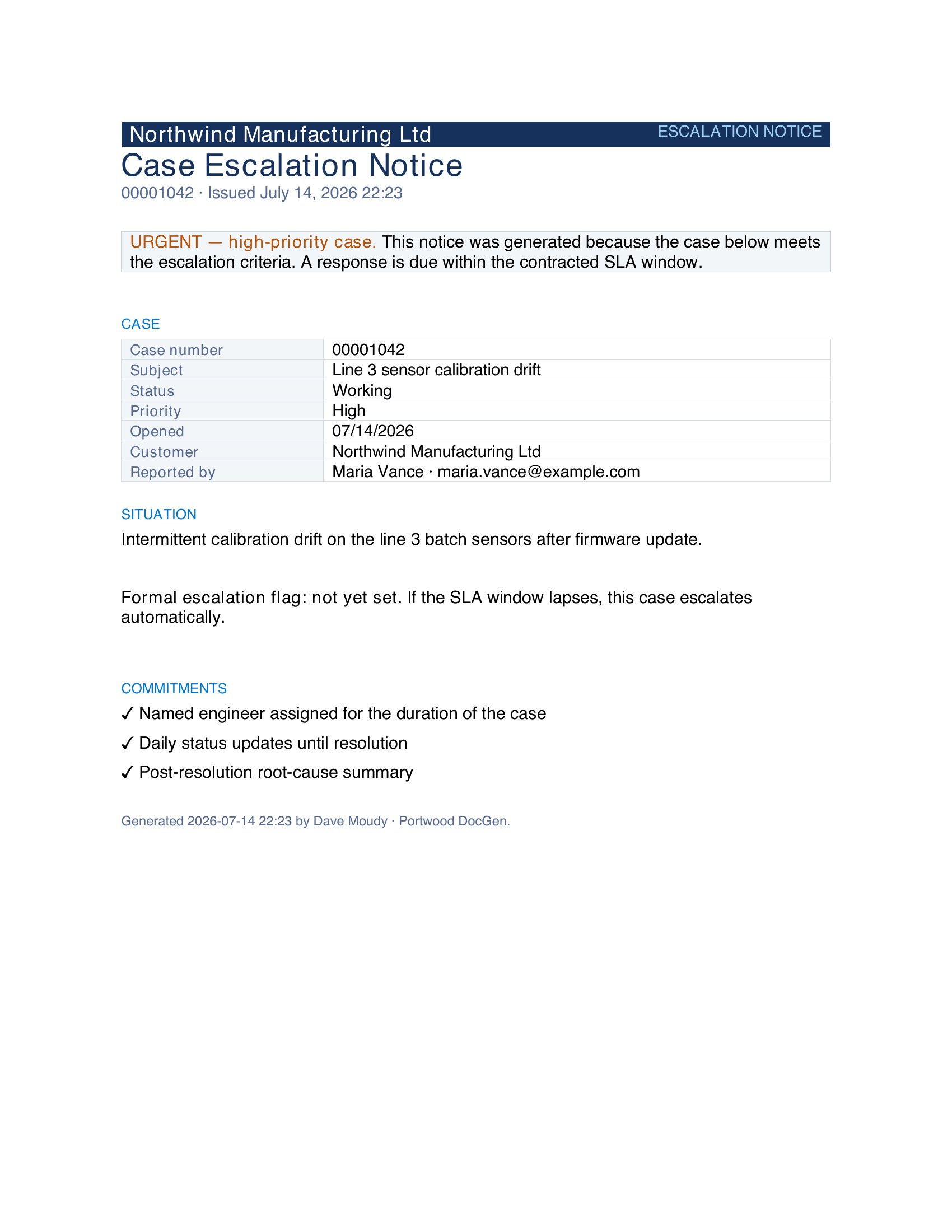 Generated output preview — Case Escalation Notice