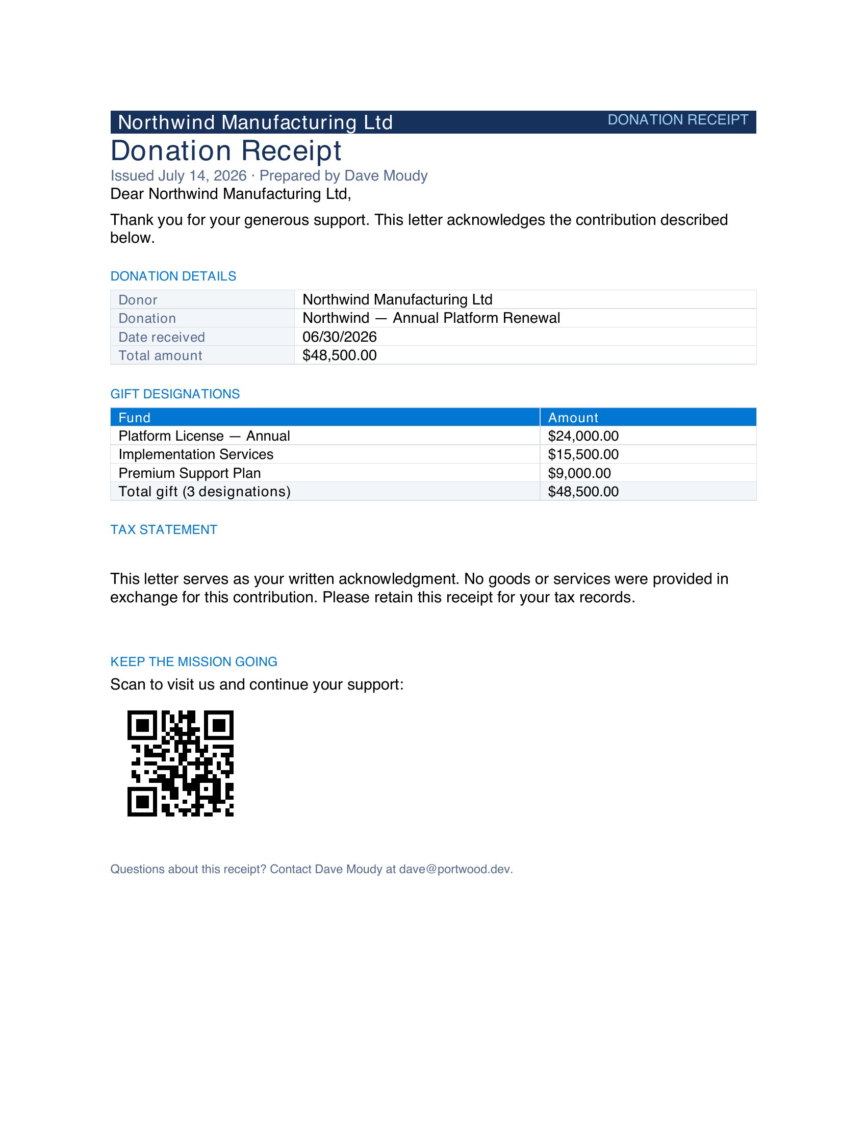 Generated output preview — Donation Receipt