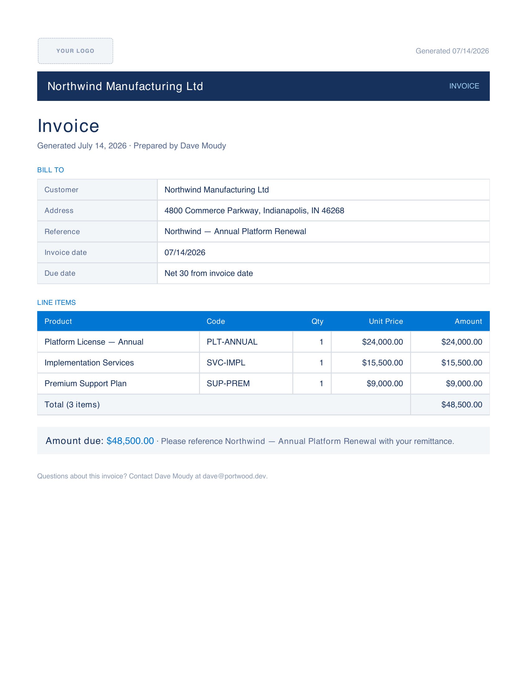 Generated output preview — Invoice (HTML)