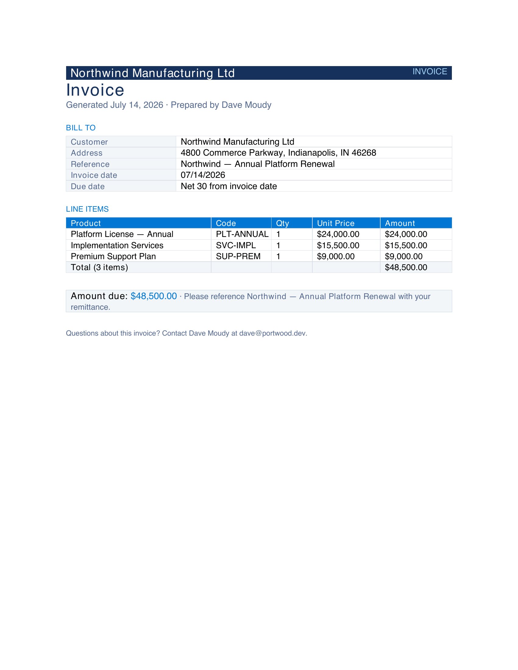 Generated output preview — Invoice