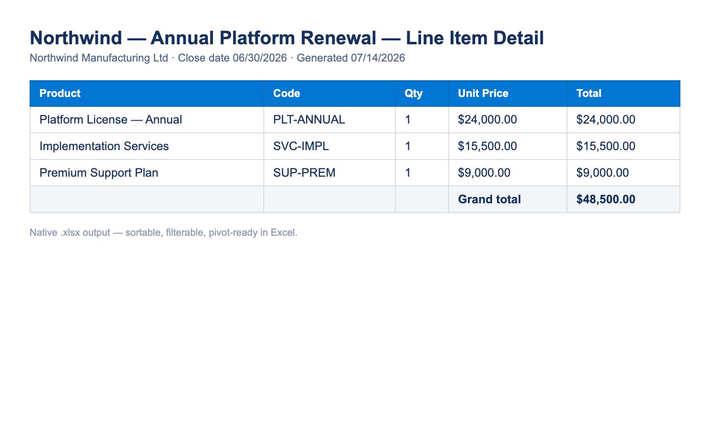 Generated output preview — Line Item Workbook (Excel)