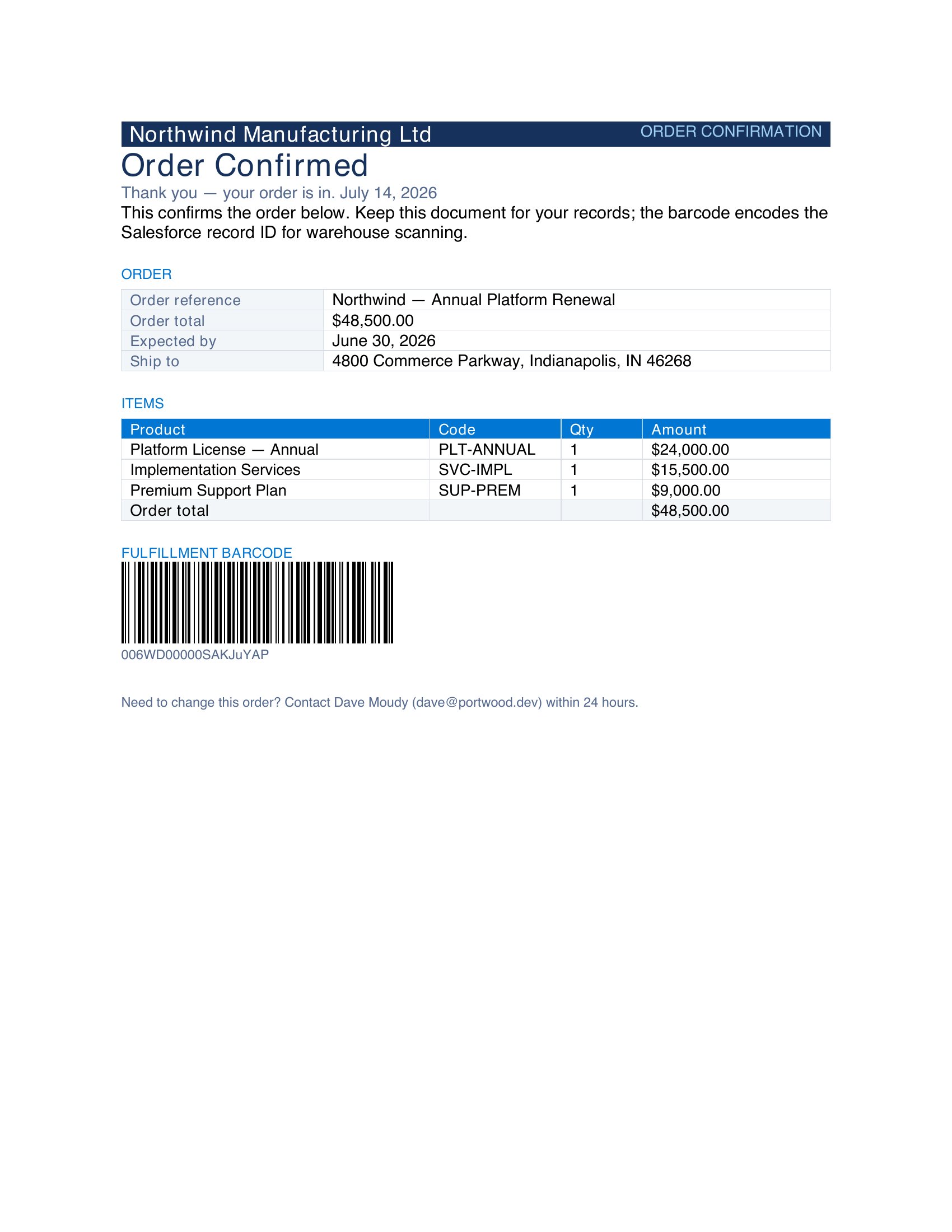 Generated output preview — Order Confirmation