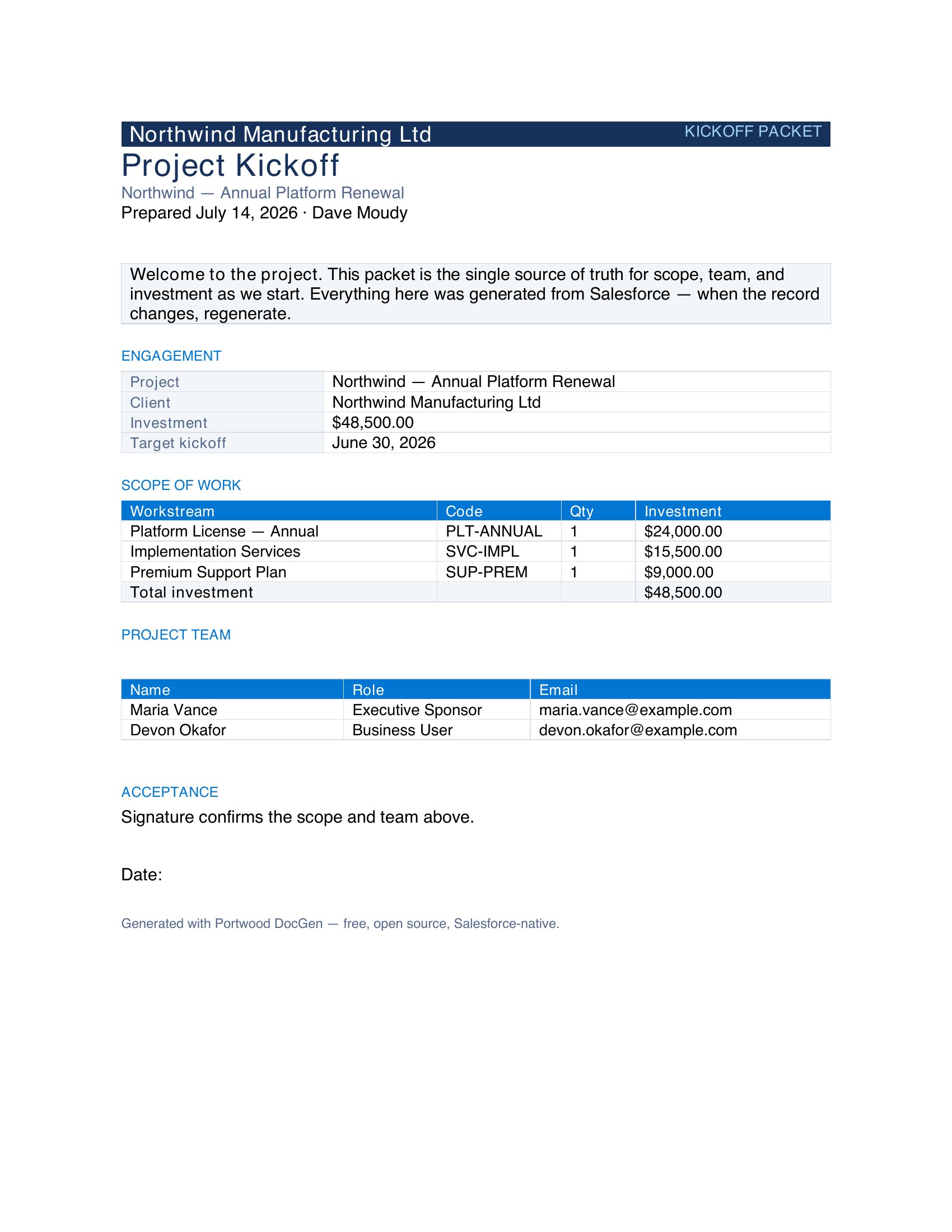 Generated output preview — Project Kickoff Packet