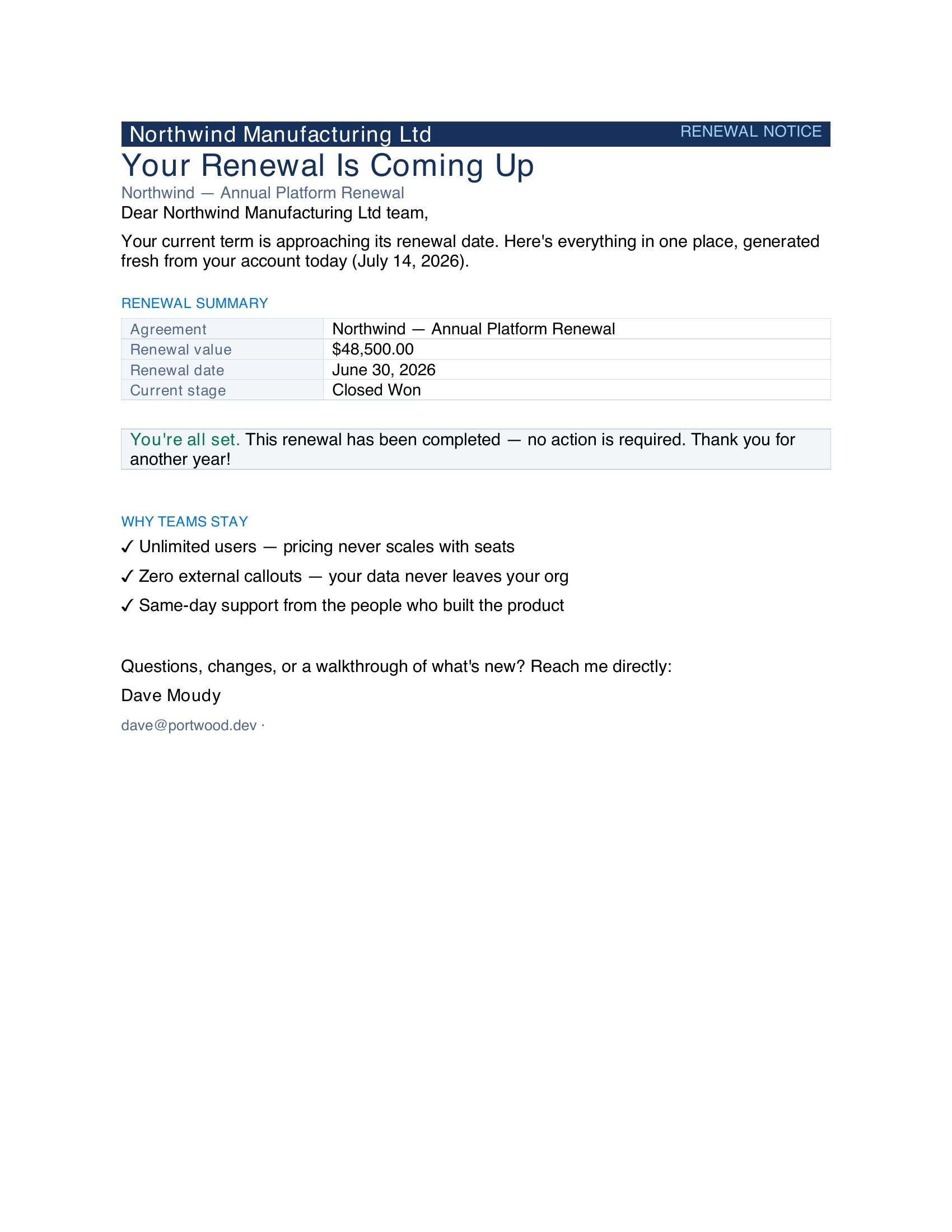 Generated output preview — Renewal Notice