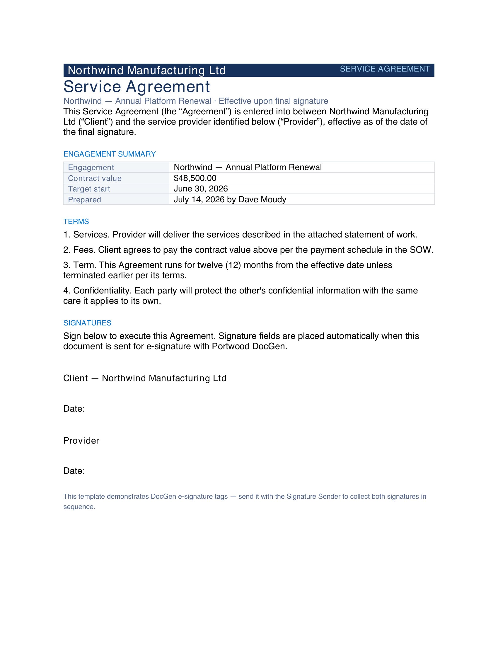 Generated output preview — Service Agreement (e-sign)
