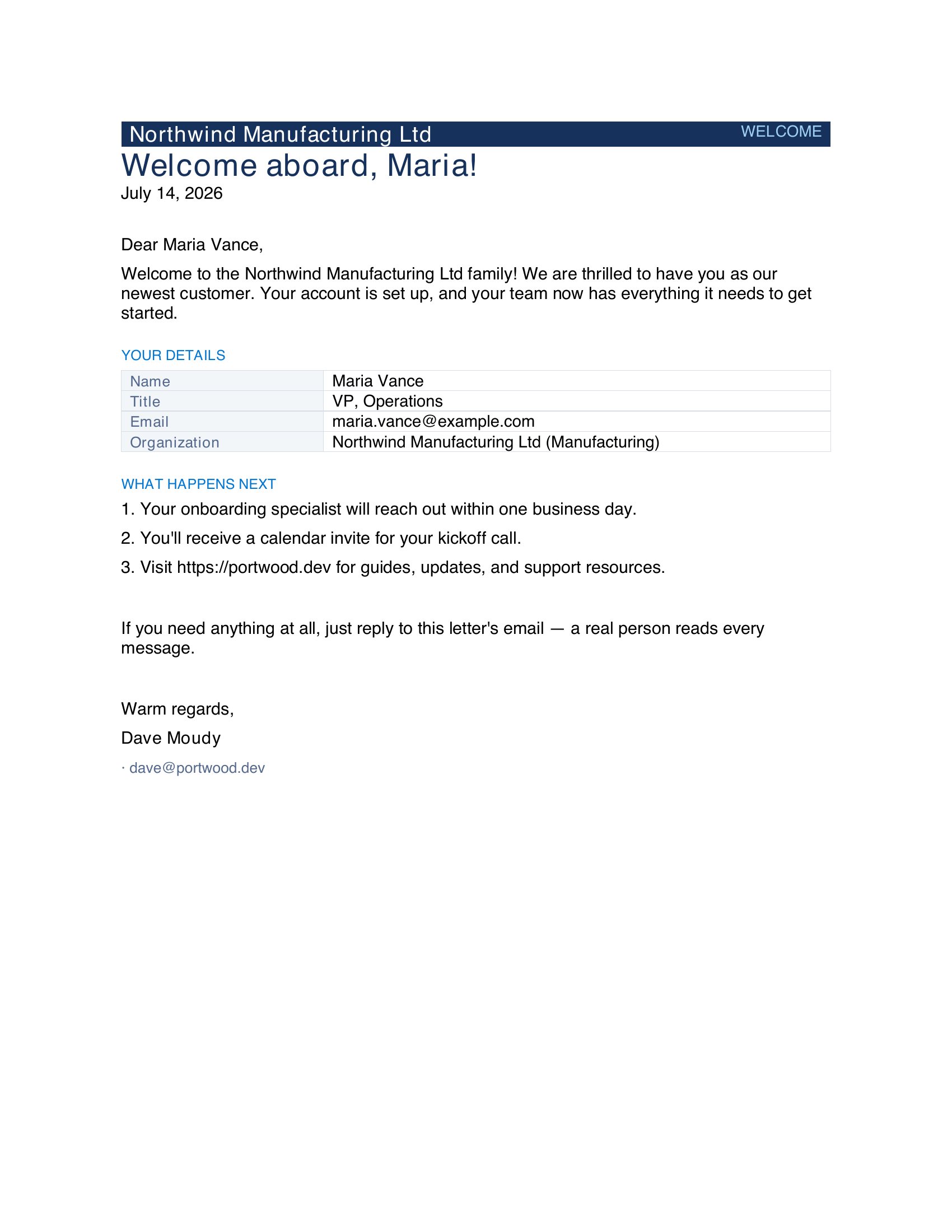 Generated output preview — Customer Welcome Letter